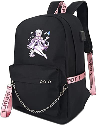 Roffatide Anime Re:ZERO -Iniziare la vita in un altro mondo Rem Ram Zaino Borsa per laptop con porta di ricarica USB e porta cuffie