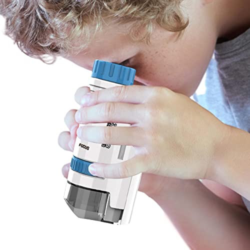 AIXING Portable Microscope De Poche Lumineux Enfant - 200x Mini Portatif Enfants Experiences Scientifiques avec Lumière LED Observatoire À Insectes Jouet Éducatif pour 7-14 Ans, Bleu