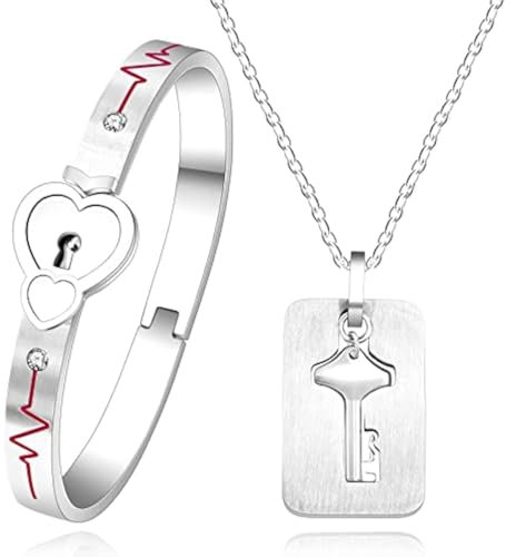 Uloveido Stainless Double Heart Infinity Love Lock Bangle Heartbeat Line Bracelet with Shield Key Pendant Necklace Set Y1891-Steel