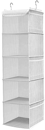 BrilliantJo Hanging Wardrobe Organiser 5 Shelves Closet Storage Hanging Shelves with 6 Side Pockets Clothes - Grey Strip(30 x 30 x 108cm)
