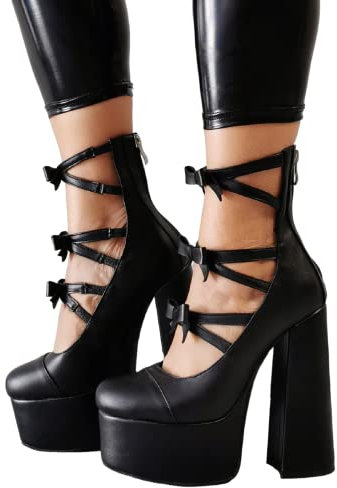 Frankie Hsu Lolita Goth - Stivaletti da donna con tacco alto, tacco alto, cinturino a fiocco, in pelle verniciata, colore: rosa, nero, 37.5 EU