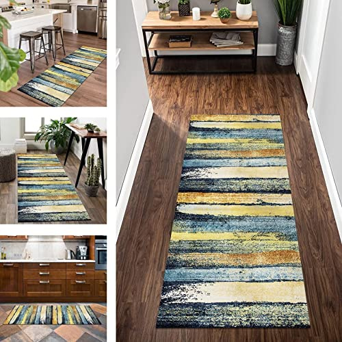 Küchenläufer Teppich Läufer Flur rutschfest Korridor Teppichläufer Waschbar Blau Gelb 60X100CM Modern Abstrakt Läufer Tepiche Flur Küche Schlafzimmer Wohnzimmer Meterware Anpassbar Breite 40- 120cm