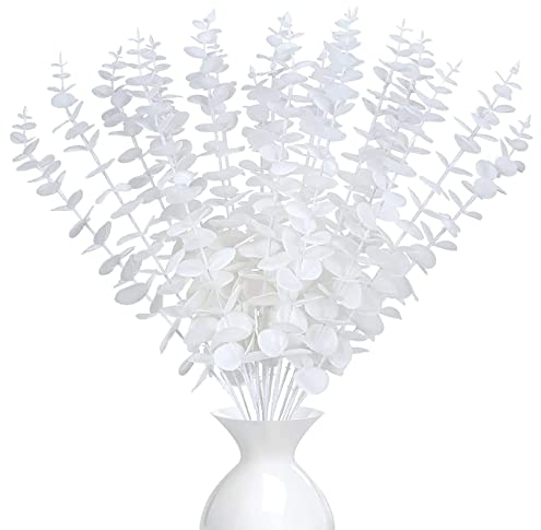 Eukalyptus Künstlich Pflanze Deko 20Stk Künstliche Eukalyptuszweige Eukalyptus Pflanzen Blätter Für Hochzeitsfeiern Party Home Tischdeko Blumenarrangement (20, Weiß)