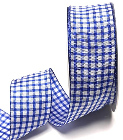 s.dekoda Schleifenband 20m x 40mm Blau - Weiß Karoband kariert Vichykaro Dekoband mit Draht [3850]