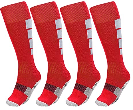Offtrte Kids Soccer Socks, [2 Pairs] Athletic Knee High Socks for Youth Boys Girls for Age 6-12 (Red)
