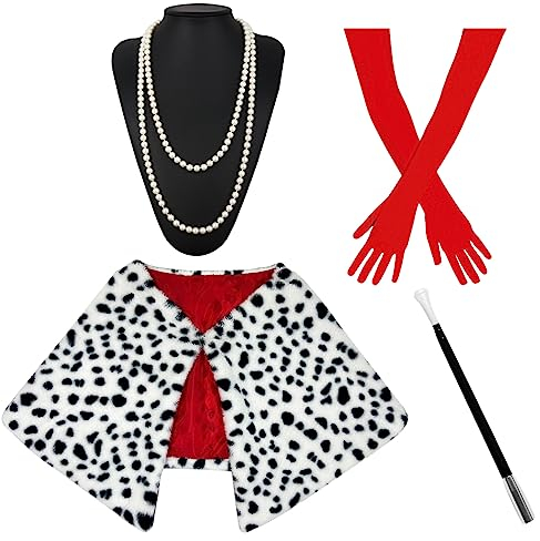 ATAYOU Halloween Damen Kostüm Zubehör Set, Lange Rote Handschuhe, Weiß Schwarz gepunkteter Schal, Cosplay Halter und Perlenkette