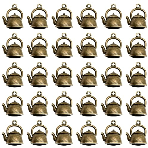 JKJF 30 Pcs Metal Teapot Charms Pendants Mini Teapot Pendants Vintage Tea Kettle Charms Bulk Pendant for DIY Crafts Bracelet Earrings Necklace Jewelry - Bronze