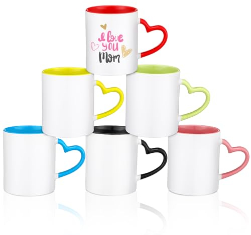 Mifoci 6 Pack Sublimation Mugs for Christmas Bulk, 11 oz Blanks Sublimation Coffee Mugs with Heart Handle White Ceramic Coffee Cup for Christmas Thanksgivng Employees Gifts(Multicolor)