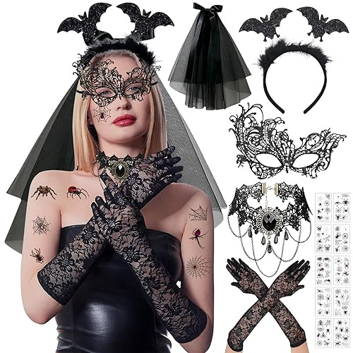 Mecctuck Masque d'Halloween, masque vénitien, bijou gothique, collier sexy en dentelle, serre-tête d'Halloween, costume de carnaval pour femme, accessoire de costume d'Halloween pour femme, bal
