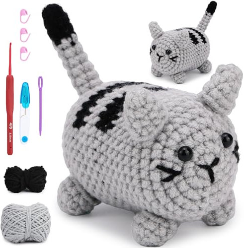 Mayboos Häkelset für Anfänger, Häkeltier-Set mit Schritt-für-Schritt-Video-Tutorials, Häkel-Starter-Kits, DIY-Bastelbedarf für Anfänger (graue Katze)