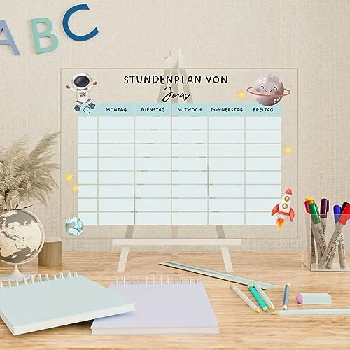 Wunsch Kalender - personalisierter Stundenplan - Kinder Weltall - wiederverwendbarer Kalender aus Acrylglas - Jederzeit abwischbar - Hingucker für jeden Raum