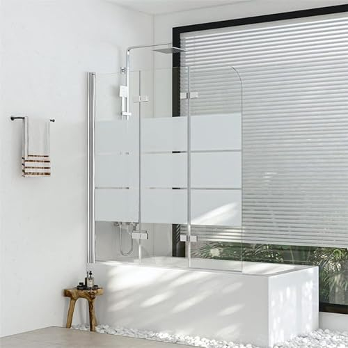 Glas Duschwand für Badewanne 130x140cm Faltbar 3-teilig Duschabtrennung, Gestreift Glas Badewannenaufsatz Duschtrennwand aus 6mm Sicherheitsglas, Dreiteilige Duschtrennwand