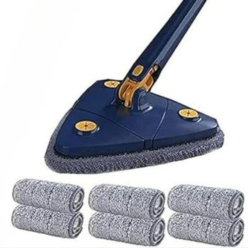 Générique Balai de Nettoyage Rotatif réglable à 360°,Balai Triangulaire avec Eau comprimée Automatique pour Nettoyer la Cuisine,Les Murs,Le Plafond,Les Coins.(Bleu + 6 Chiffons)