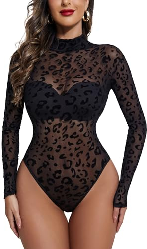 Avidlove Sexy Body Damen Bodysuit Elegant Langarmshirt Bluse Top Spitzen Body Mesh Oberteiel Rollkragen Langarm T-Shirt Pullover,PAT2 S