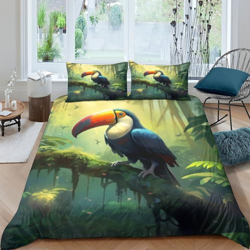 EVMILA Tukan Bettbezug Set 3D Gedruckter Vögel Bettwäschegarnitur Mädchen Junge Kinder Reissverschluss Und Kissenbezüge Weich Microfaser Bettwäsche 3 Teilig King（220x240cm）