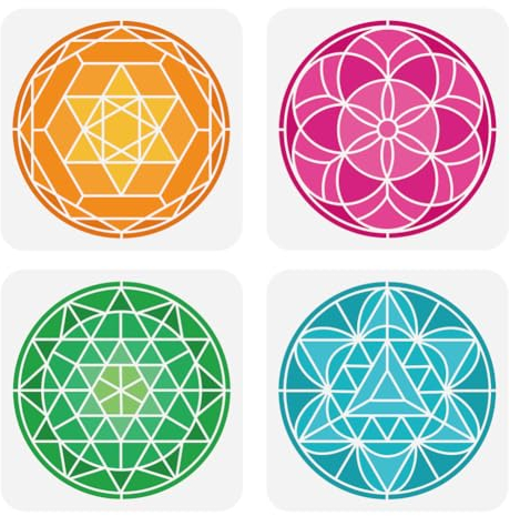 FINGERINSPIRE 4 Stück Malschablonen Mit Geometrischen Blumen 20x20 cm PET Blume des Lebens Sprühschablonen Wiederverwendbare Kristallgitter Wandschablone Religiöse Themen Vorlagen Für DIY Fotoalbum