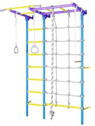 JEFLEX - blau/lila/gelbe Seil-Klettergerüst für Kinder/Kinder Sprossenwand mit robustem Seil, Klettergriffe & Stange/fördert Fitness & Koordination/Simple Installation/inkl. Kletterwand-Zubehör