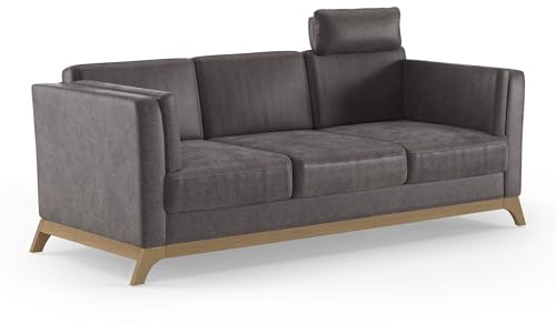 Cavadore 3er-Sofa Vida / 3-Sitzer Couch im trendigen Design mit massivem Holzrahmen in Buche, Kopfstütze mit Kuschelkissen / 213 x 84 x 93 / Mikrofaser, Graubraun