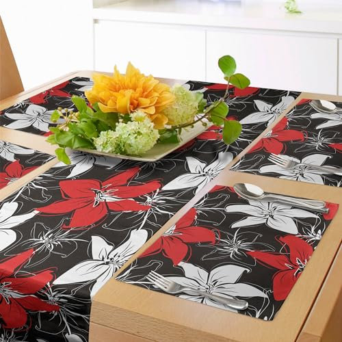 ABAKUHAUS Rot und Schwarz Tischläufer & 4 Stück Tischsets, Künstlerische Beetpflanzen blühende Garten-Muster Retro-Natur, Tischdeko-Set, 180 x 40 cm, Schwarz Rot
