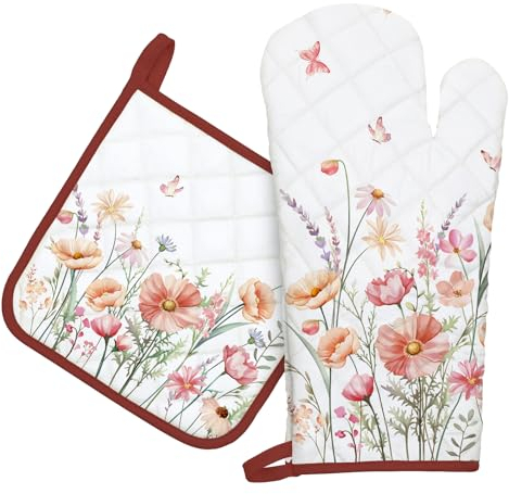 Arquiel Pink Flower Oven Mitts and Pot Holders -100% Cotton, Heat Resistant Extra Long Oven Gloves & Hot Pads for Cooking BBQ Grilling Baking Gift, Set of 2