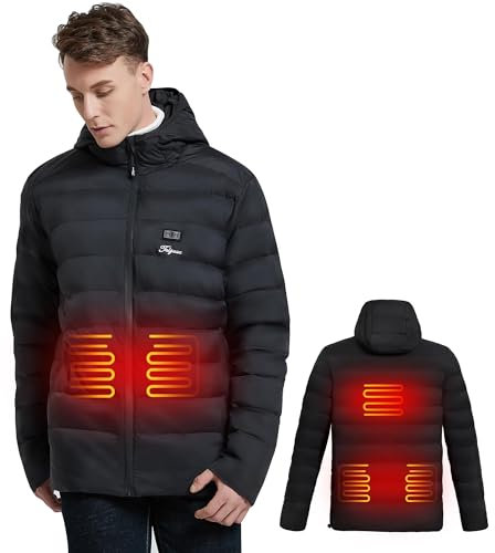 Telguua Heated Jacket with Hood for Men with Power Bank 7.4V 14400mAh included,Winter Warm Coat with 5 Heating Zones Windproof Waterproof Coats Body Warmer 3 Adjustable Temperature Heated Gilet