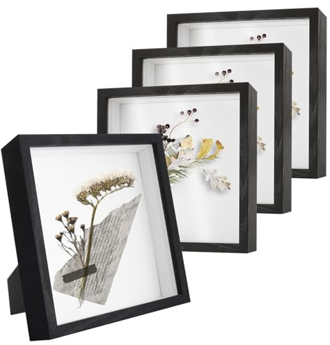 JMIATRY 4PCS Cadre Profond, Cadre 3D 20x20cm, Cadre Profond avec Vitre pour Objet, Cadre Vitrine pour Photos, Bouquet de Mariage, Souvenirs, Noir