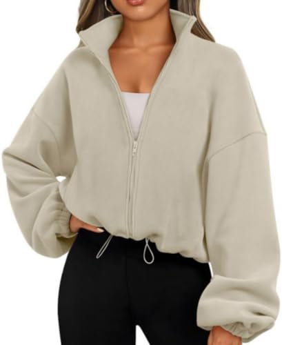 Famulily Damen Sweatshirt mit Reißverschluss Herbst Langarm Jacken Loose Fit Streetwear Y2K Kleidung Beige M