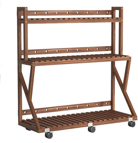 JHHNCVBC Wooden Plant Stand Storage Rack with Wheels 3 Tier Tall Flower Shelf for Living Room Balcony Garden Corner Display Rack and Planter Pot Holder