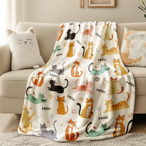 WADORN Decke Mit Katzenmotiv, Weiche Warme Flanell Plüschdecke 130x150cm | niedliche fleecedecke mit tiermotiv;warme decken für herbst;decke geschenke für erwachsene bett stuhl couch zuhause büro