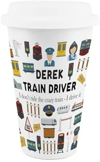 Purely Home Custom Train Driver Ceramic Travel Mug - Personalised Novelty Train Operator Gifts - Reusable Silicone Lid Double-Walled Insulated Drinks Flask Cup