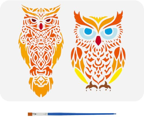 FINGERINSPIRE Eulen Schablonen Mit Pinsel 29.7x21cm Zwei Eulen Schablonen Wiederverwendbare Vogelmuster Schablone Große Eulen Malschablone Tiermotive Eulen Vorlage Für Heimwerkerarbeiten Dekoration
