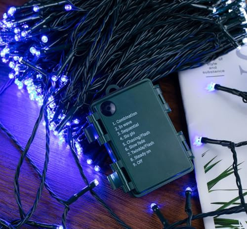 Elegear Catena Luminosa Esterno Batteria, 300LED Luci Led a Batteria 40M con Timer 8 Modalità IP44 Impermeabili Luci Natale Esterno Batteria per Decorare Giardino Patio Matrimoni Festa, Blu e Bianco