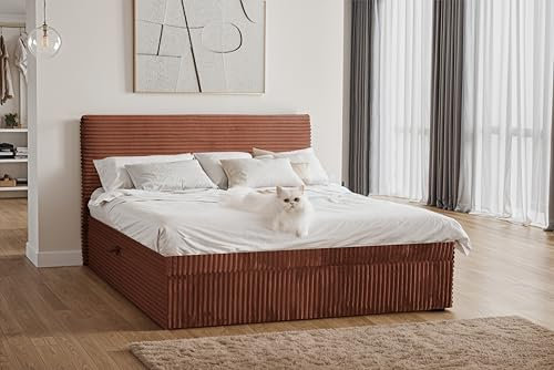 Kaiser Möbel - Bett 200x200 cm, Boxspringbett mit Bettkasten und Topper, Cord Schlafzimmerbett, Doppelbett mit Stauraum und Gepolstertes Kopfteil, Toppermatratze aus Viscoschaum - Trento - Kupfer