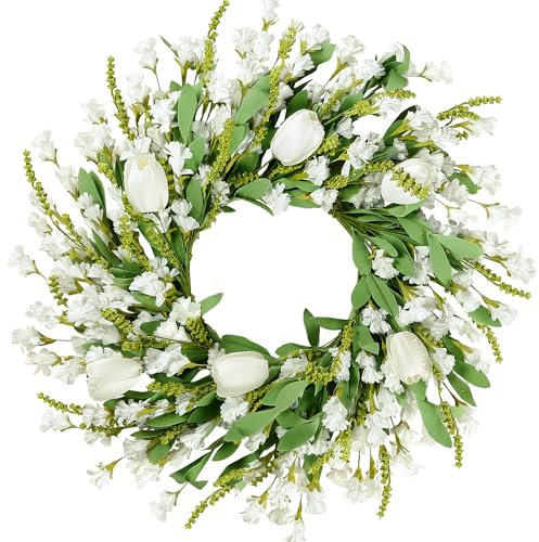 Sggvecsy Spring Summer Wreath for Front Door 22 Inch Artificial White Flower with White Tulips Greenery Leaves Lavender for All Seasons Home Farmhouse Indoor Outdoor Wall Decor