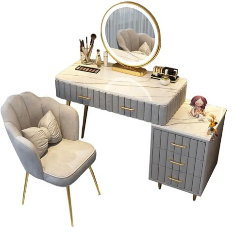 Romyqpipy Postazione Trucco con Led Specchio Regolabili Toilette Trucco con Sgabello, 5 Cassetti, 1 Armadietto Mobile Mobili per La Camera Da Letto per Camera Delle Ragazze Assemblaggio Facile