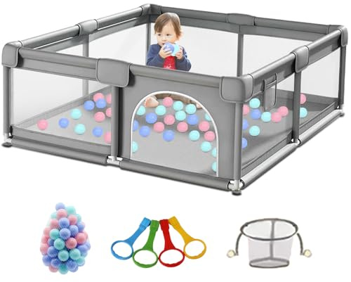 Parque de Juegos Infantil Amplio con Estructura Ajustable | Cuenta con anillas de tirar y red de almacenamiento, medidas 120 x 160 cm para niños