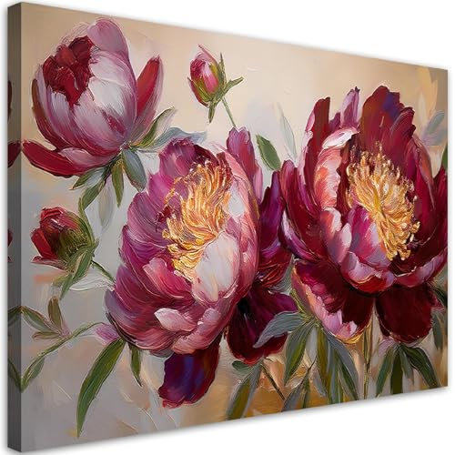 Feeby Leinwand Bilder - Bild Wohnzimmer - Pfingstrosen Blumen Rot Natur - 120x80 1tlg - Deko Schlafzimmer Groß - Dekoration Canvas - Gemälde - Modern Wandbilder - Kunstdruck