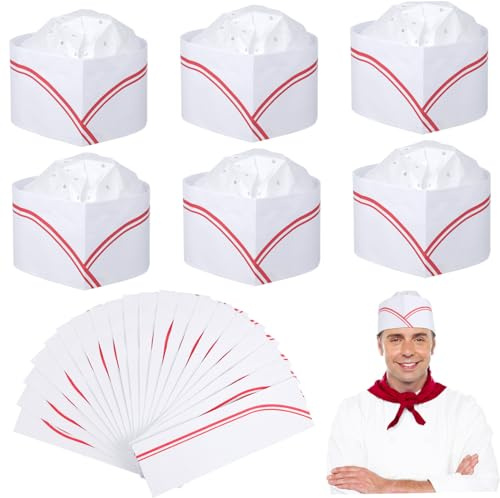 INOOMP 20piezas Gorros De Chef De Papel Desechables Ajustables con Borde Rojo Unidades Gorras Unisex para Cocina Catering Fiestas y Trabajo