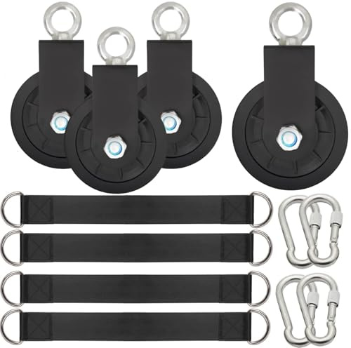 JITIFAZH 90mm Umlenkrolle Seilrolle mit Hängegurt Karabiner, 360° Schwenkbar Kabel Pulley für Schaukelzubehör Wäscheleine Latzugstange Seilzug Fitness DIY Heim-Fitnessgeräte (4Set-Schwarz)