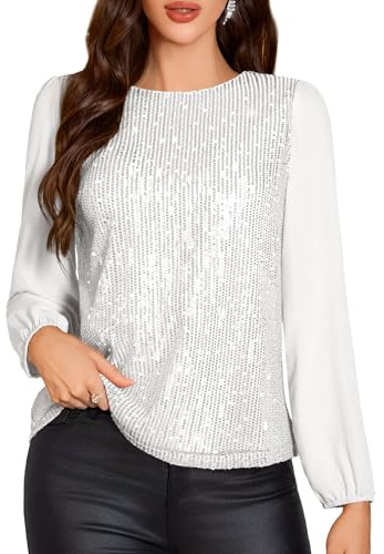 DRESSTELLS Sequins Long Sleeve Shirt Sparkly Top Women's Round Neck Glitter Shirt Elegant Festive Blouses