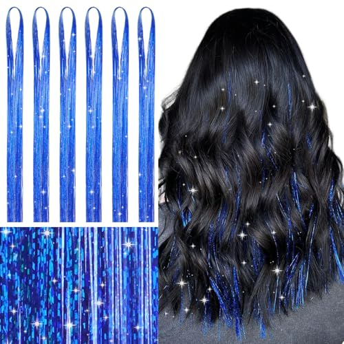 WENNALIFE Hair Tinsel, Glitzer Haarsträhnen für Party Festival Mädchen | 120cm 6 Stück Haar Lametta 1200 Glitzersträhnen für Haare. #Schatz Blau. Leicht, Gerade, Knitterfrei.