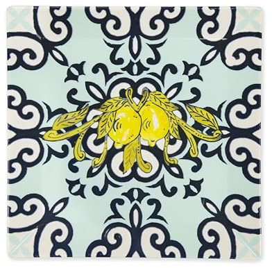 Excelsa Amalfi Set of 6 Ceramic Plates, Yellow and Blue Mediterranean Design, 24 x 24 cm