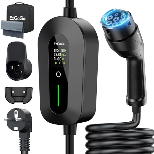 EzGoGo Chargeur Voiture Electrique 3,7kW 10m 6-16A Réglable IP66 | Câble recharge voiture électrique Type 2 avec écran LCD, charge différée 1-12h, plug & play, compatible EV/PHEV