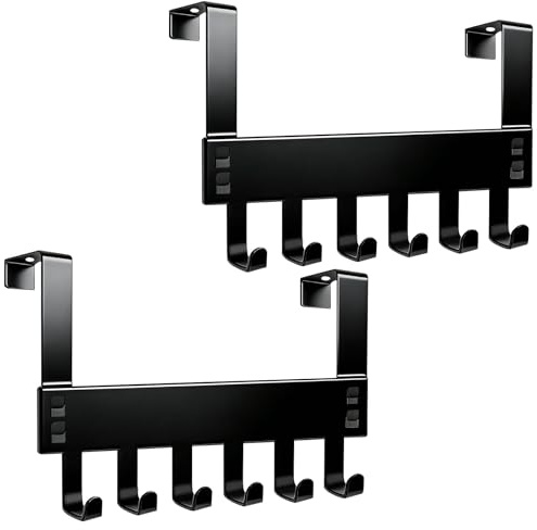 pangutheos Over Door Hooks, Heavy Duty, 2 Pack, 6 Hooks (Black) | Over Door Hanger with Rust Resistant, Stainless Steel Door Coat Hanger Storage for Outerwear, Towels, Bags, Bathrobes