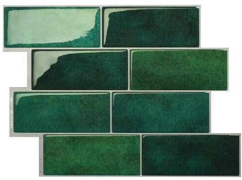 Zevrang 10 Sheets Self Adhesive Wall Tiles, 29.4 x 21.5cm 3D Easy Clean | Stick On Wall Tiles Kitchen, Rectangle Subway Stone, Green Tile Stickers, Splashback for Home Kitchen Bathroom Living Room