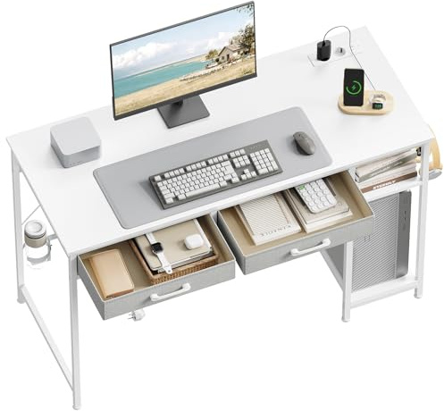 WOLTU Schreibtisch mit 2 Schubladen, Computertisch Weiß, 120x51x75 cm | 2 Steckdosen, USB- und Typ-C-Anschluss, Kopfhörerhaken & Ablagen, für Homeoffice Schlafzimmer Wohnzimmer