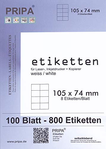 800 Etiketten 105x74mm selbstklebend auf insgesamt 100 Blatt DIN A4, allround-Qualität weiss