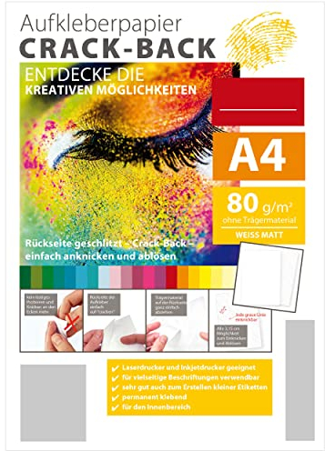 CRACK-BACK Sticker Papier Aufkleber PLUS selbstklebend A4 (25 Blatt) Rückseite geschlitzt zum Einfachen ablösen, Bedruckbar weiß matt