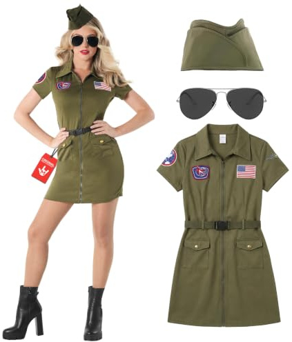Fun Shack Pilotin Kostüm Damen, Kampfjet Halloween Kostüm Damen, XXL | Kleid, Hut, Gürtel & Sonnenbrille, Grünes Flieger-Design, Zum Überziehen, Perfekt für Halloween, Ideal zum Verkleiden