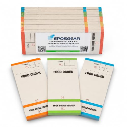 EPOSGEAR PAD84 Food Order Pads Single Copy Two Perfs Tear Off Customer Slip Numbered 1-100 Coloured Waiter Pads Restaurant Cafe Pub Takeaway 63mm x 152mm (Pack of 100)